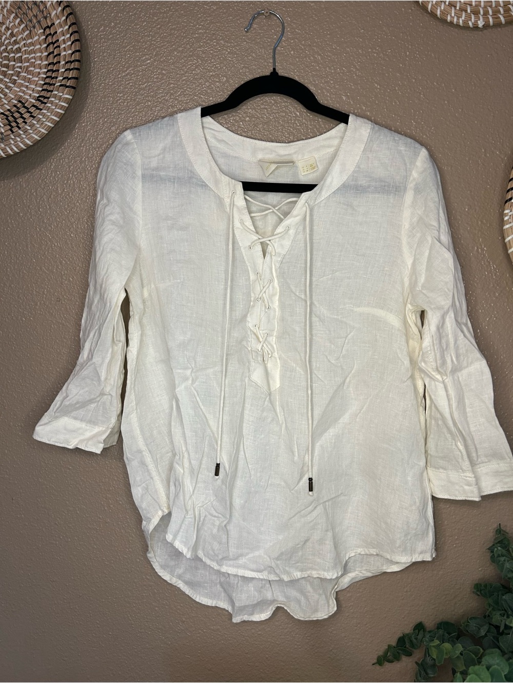 Anthropologie Cream Lace-Up Linen Tunic